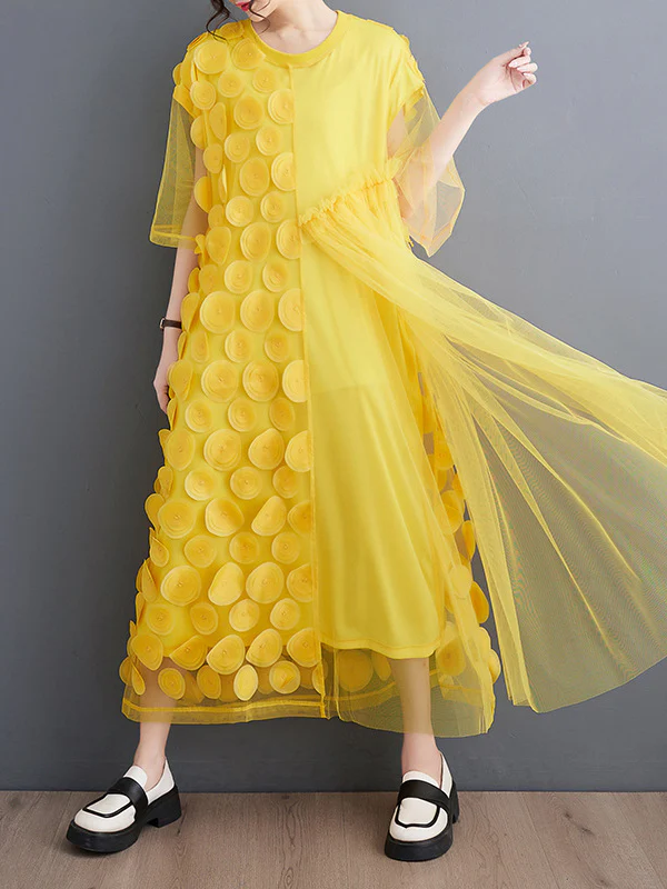 Loose Short Sleeves Asymmetric Gauze Split-Joint Round-Neck Midi Dresses - Image 5