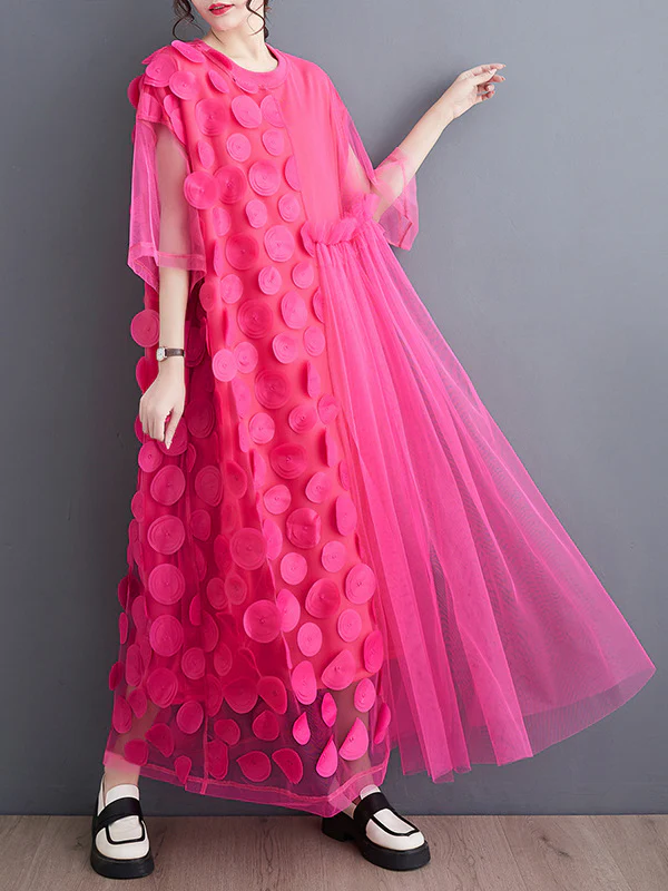 Loose Short Sleeves Asymmetric Gauze Split-Joint Round-Neck Midi Dresses - Image 6