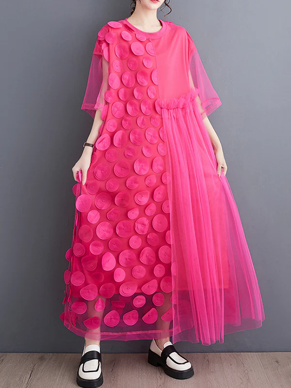 Loose Short Sleeves Asymmetric Gauze Split-Joint Round-Neck Midi Dresses - Image 7