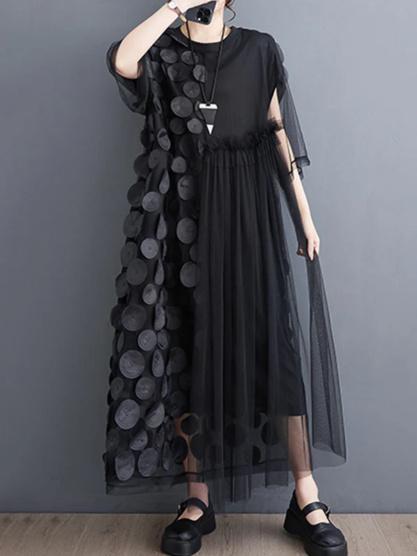 Loose Short Sleeves Asymmetric Gauze Split-Joint Round-Neck Midi Dresses - Image 9