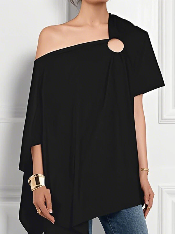 Loose Short Sleeves Asymmetric Hollow Solid Color One-Shoulder Blouses&Shirts Tops - Image 2