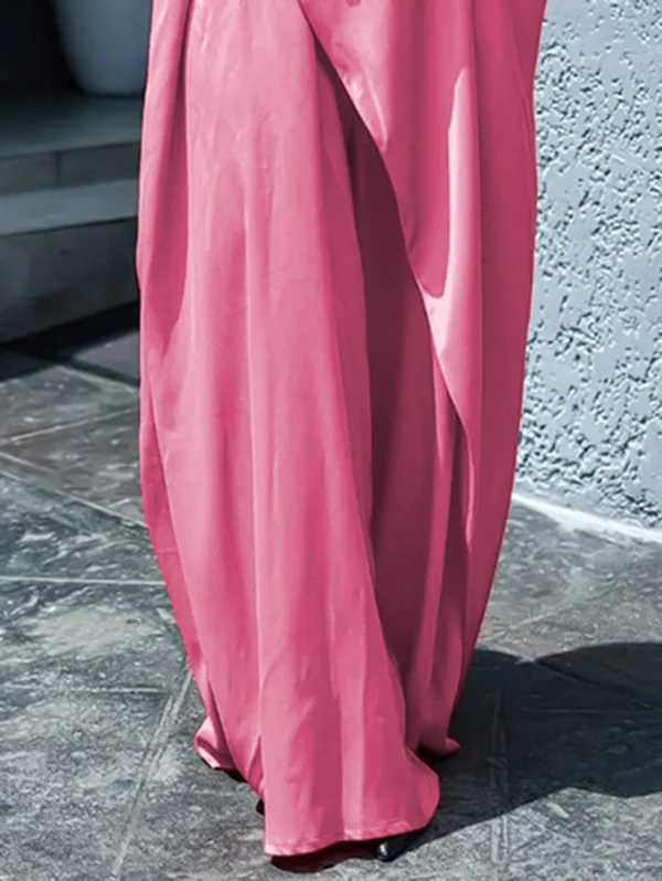 Loose Short Sleeves Asymmetric Pleated Solid Color Split-Joint V-Neck Maxi Dresses Shirt Dress - Image 3