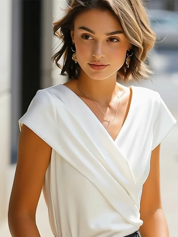 Loose Short Sleeves Asymmetric Pleated Solid Color Split-Joint V-Neck T-Shirts Tops - Image 4