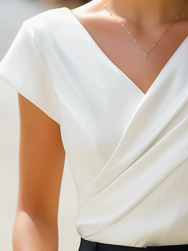 Loose Short Sleeves Asymmetric Pleated Solid Color Split-Joint V-Neck T-Shirts Tops - Image 5