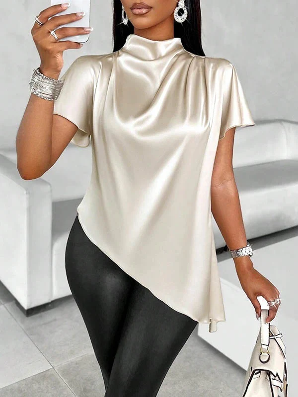 Loose Short Sleeves Asymmetric Solid Color Mock Neck Blouses&Shirts Tops - Image 10