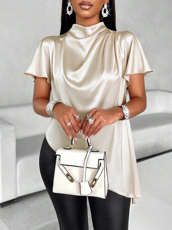 Loose Short Sleeves Asymmetric Solid Color Mock Neck Blouses&Shirts Tops - Image 11