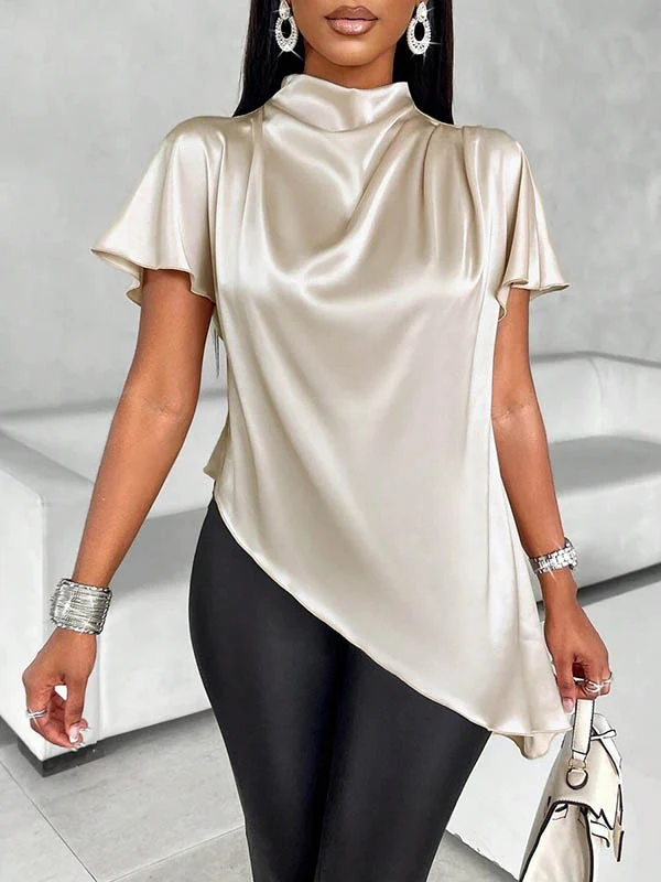 Loose Short Sleeves Asymmetric Solid Color Mock Neck Blouses&Shirts Tops - Image 12