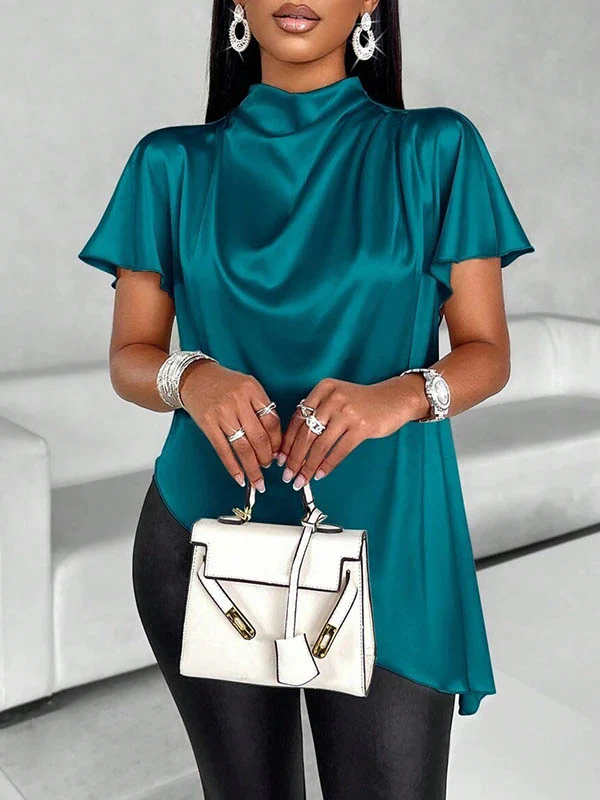 Loose Short Sleeves Asymmetric Solid Color Mock Neck Blouses&Shirts Tops - Image 13