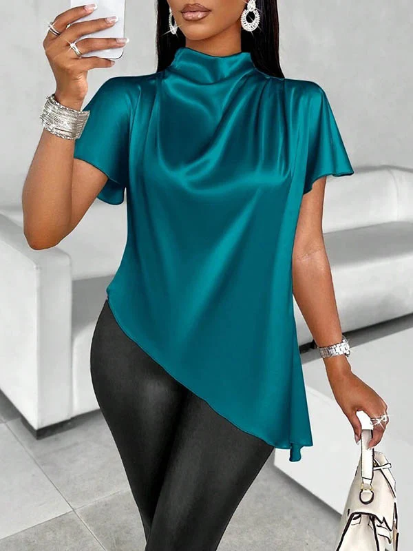 Loose Short Sleeves Asymmetric Solid Color Mock Neck Blouses&Shirts Tops - Image 14