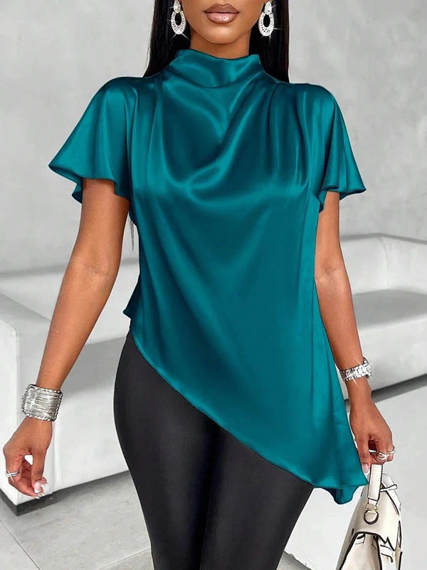Loose Short Sleeves Asymmetric Solid Color Mock Neck Blouses&Shirts Tops - Image 15