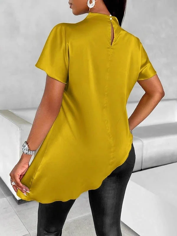Loose Short Sleeves Asymmetric Solid Color Mock Neck Blouses&Shirts Tops - Image 16