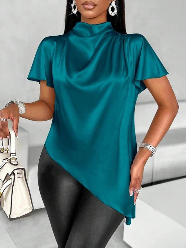 Loose Short Sleeves Asymmetric Solid Color Mock Neck Blouses&Shirts Tops - Image 2