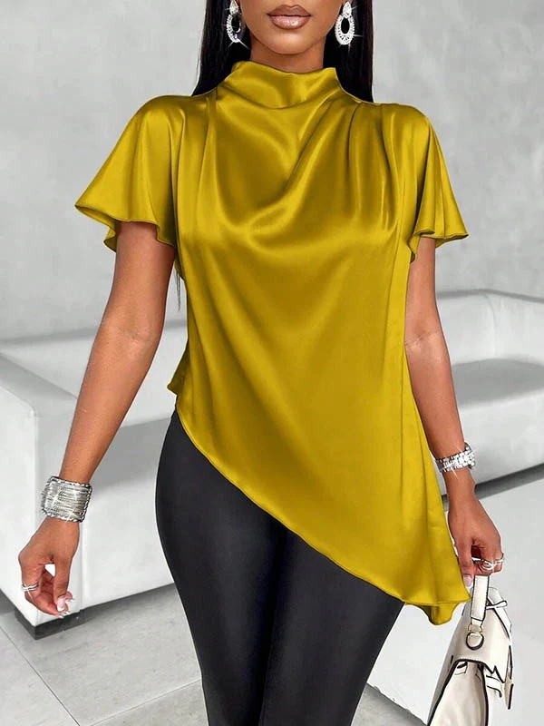 Loose Short Sleeves Asymmetric Solid Color Mock Neck Blouses&Shirts Tops - Image 4