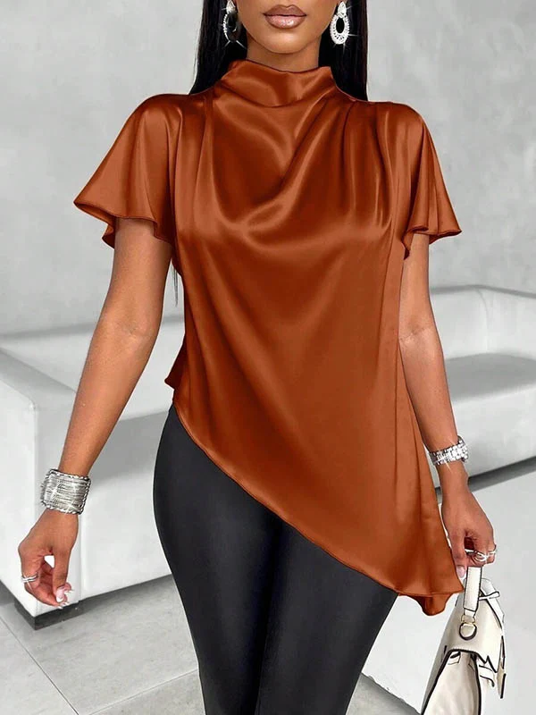 Loose Short Sleeves Asymmetric Solid Color Mock Neck Blouses&Shirts Tops - Image 5