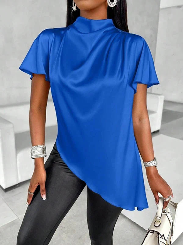 Loose Short Sleeves Asymmetric Solid Color Mock Neck Blouses&Shirts Tops - Image 8