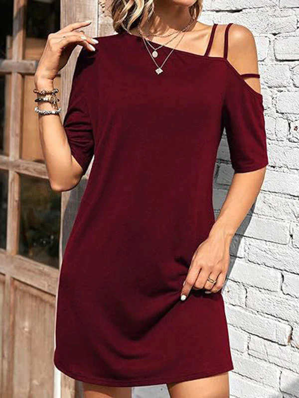 Loose Short Sleeves Asymmetric Solid Color One-shoulder Mini Dresses - Image 2