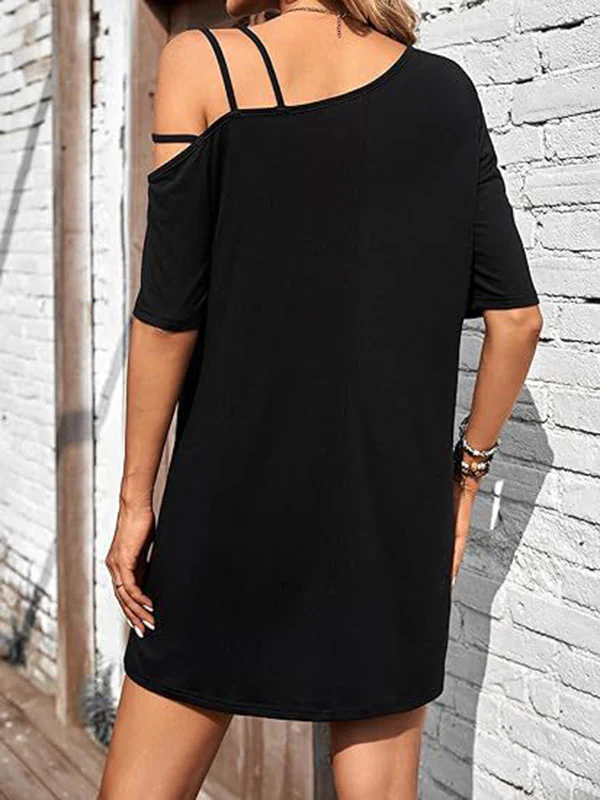 Loose Short Sleeves Asymmetric Solid Color One-shoulder Mini Dresses - Image 4
