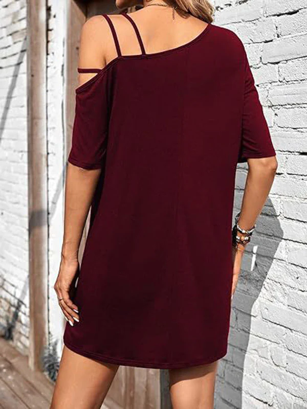 Loose Short Sleeves Asymmetric Solid Color One-shoulder Mini Dresses - Image 5