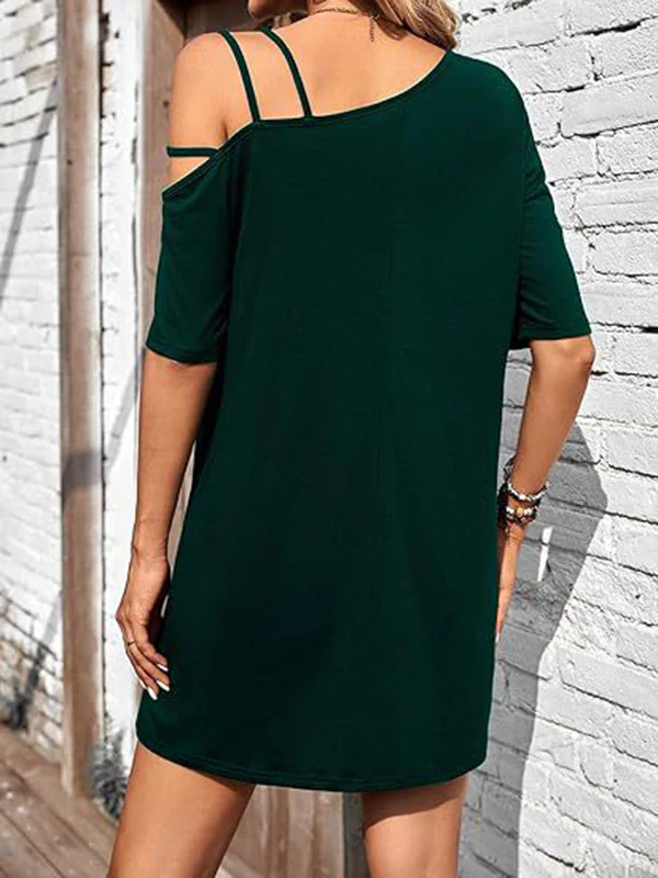 Loose Short Sleeves Asymmetric Solid Color One-shoulder Mini Dresses - Image 7