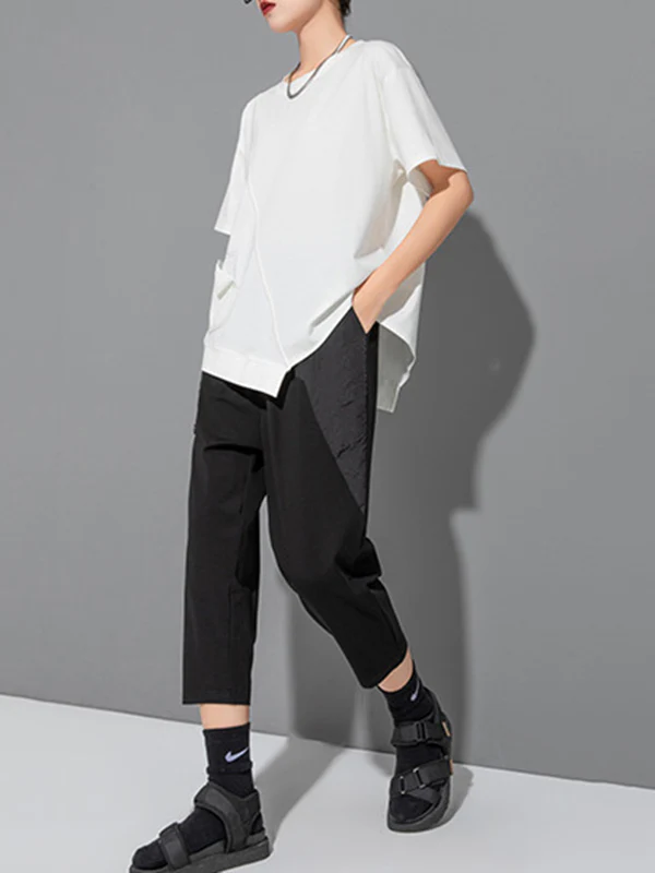 Loose Short Sleeves Asymmetric Solid Color Split-Joint Round-Neck T-Shirts Tops - Image 10