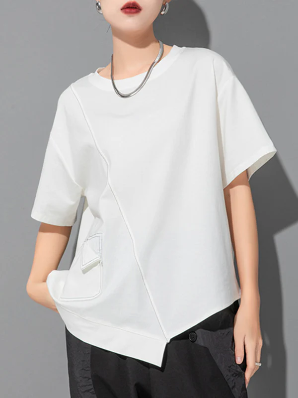 Loose Short Sleeves Asymmetric Solid Color Split-Joint Round-Neck T-Shirts Tops - Image 11