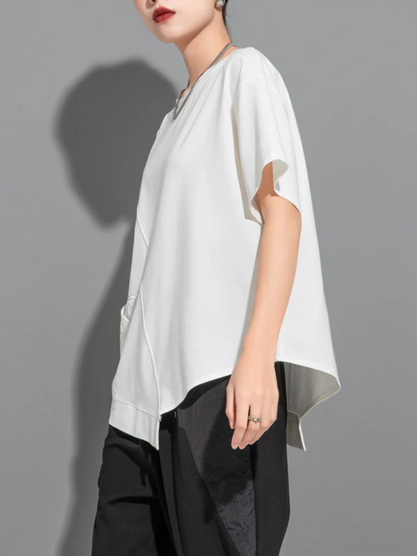 Loose Short Sleeves Asymmetric Solid Color Split-Joint Round-Neck T-Shirts Tops - Image 12