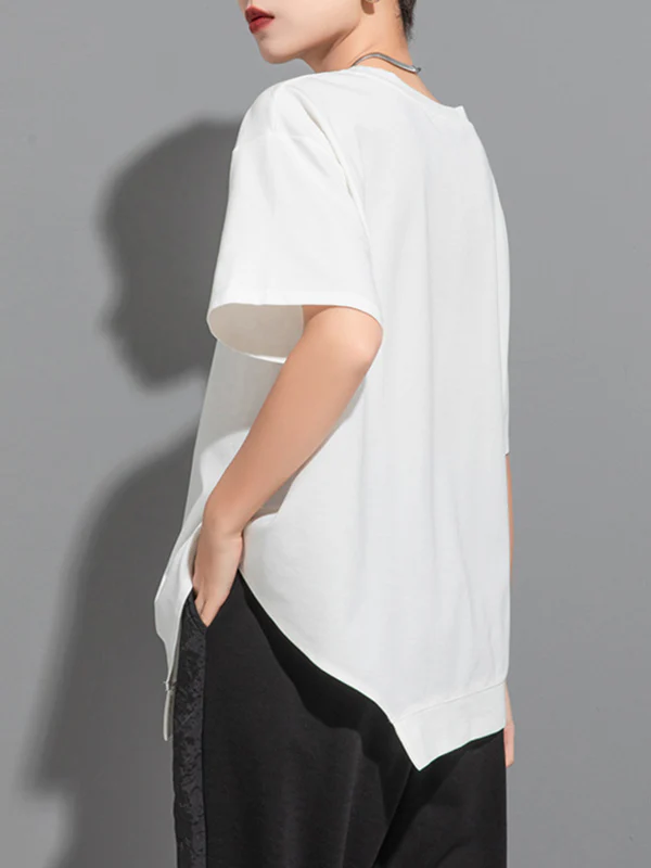 Loose Short Sleeves Asymmetric Solid Color Split-Joint Round-Neck T-Shirts Tops - Image 13