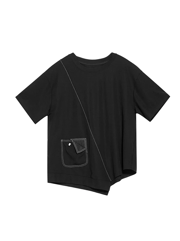 Loose Short Sleeves Asymmetric Solid Color Split-Joint Round-Neck T-Shirts Tops - Image 14