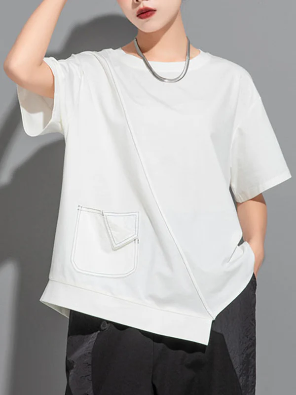 Loose Short Sleeves Asymmetric Solid Color Split-Joint Round-Neck T-Shirts Tops - Image 2