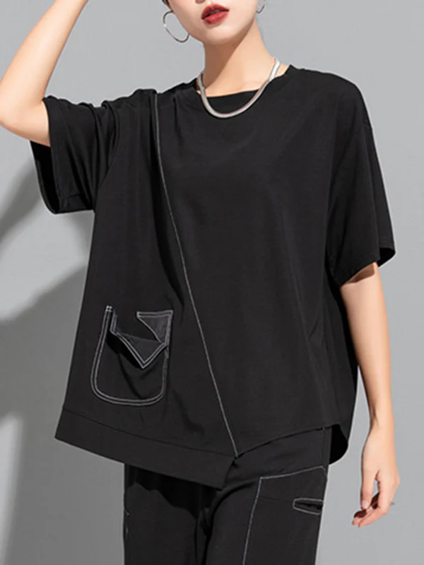 Loose Short Sleeves Asymmetric Solid Color Split-Joint Round-Neck T-Shirts Tops - Image 3