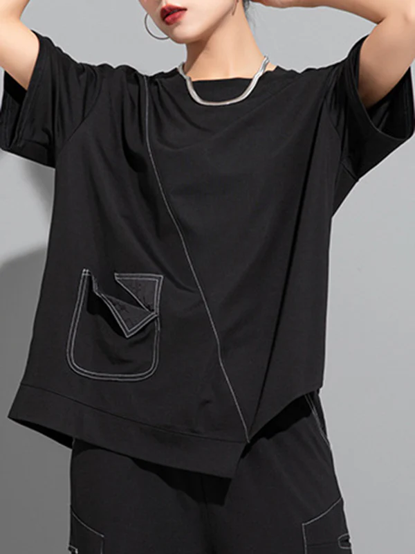 Loose Short Sleeves Asymmetric Solid Color Split-Joint Round-Neck T-Shirts Tops - Image 4