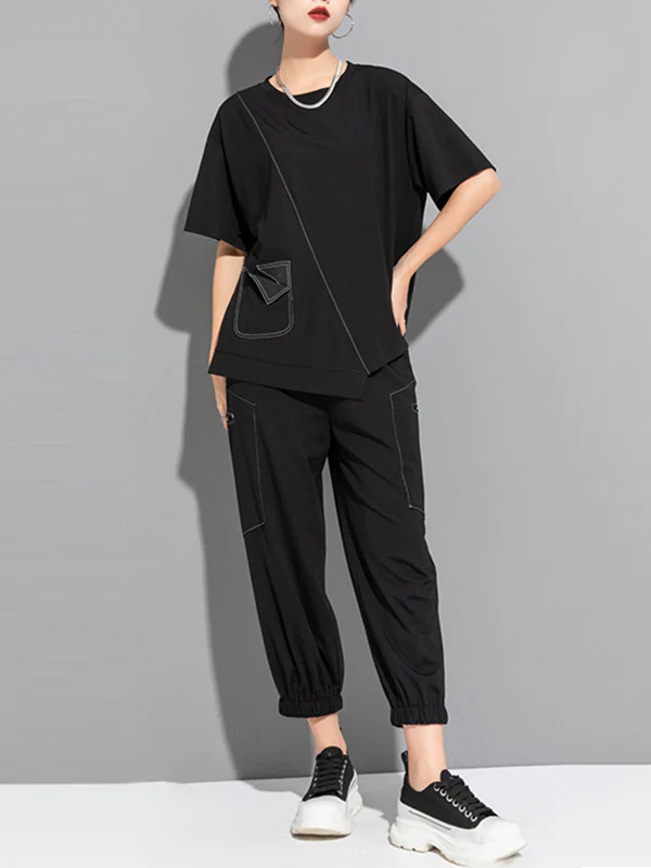 Loose Short Sleeves Asymmetric Solid Color Split-Joint Round-Neck T-Shirts Tops - Image 5