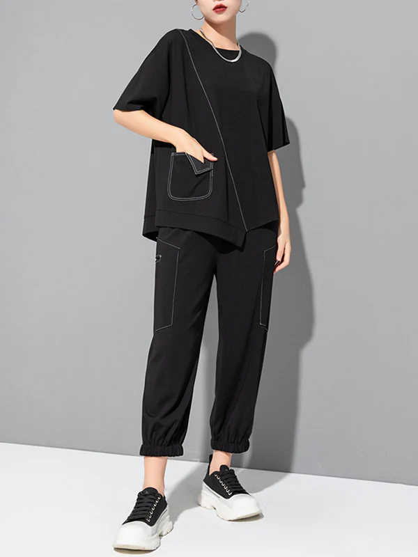 Loose Short Sleeves Asymmetric Solid Color Split-Joint Round-Neck T-Shirts Tops - Image 6