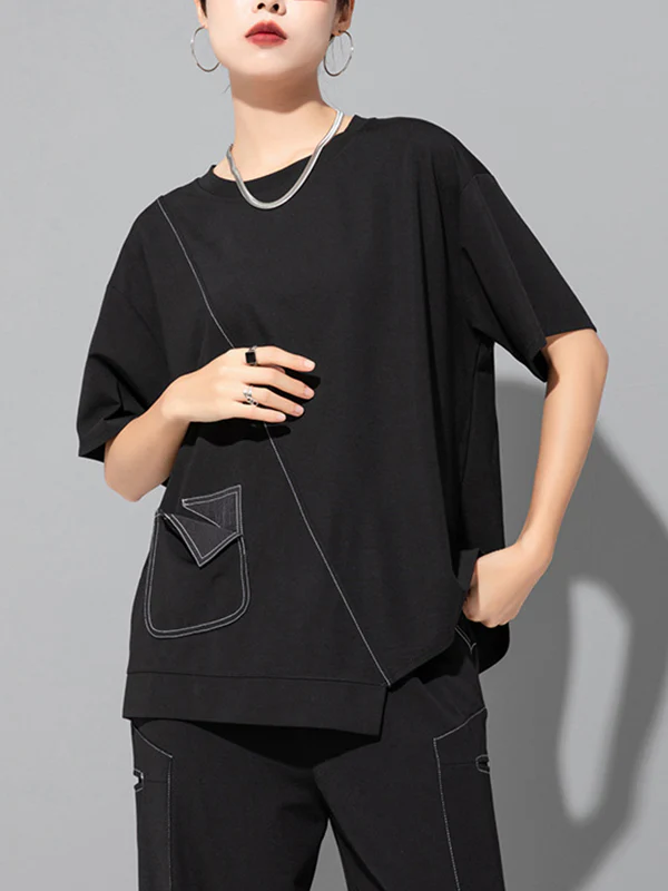 Loose Short Sleeves Asymmetric Solid Color Split-Joint Round-Neck T-Shirts Tops - Image 7
