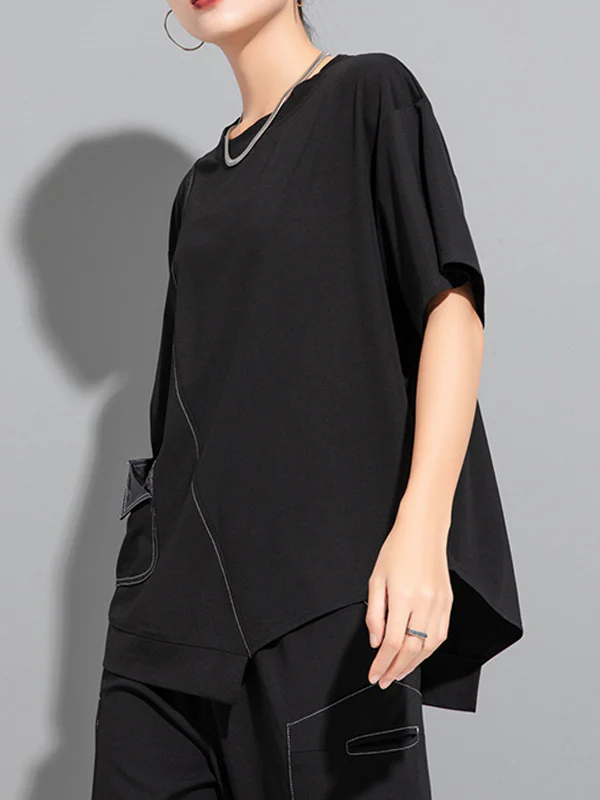 Loose Short Sleeves Asymmetric Solid Color Split-Joint Round-Neck T-Shirts Tops - Image 8