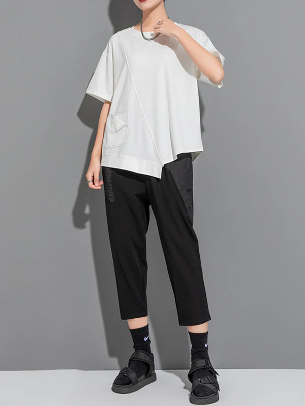 Loose Short Sleeves Asymmetric Solid Color Split-Joint Round-Neck T-Shirts Tops - Image 9