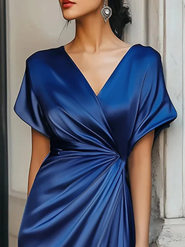 Loose Short Sleeves Asymmetric Solid Color Split-Joint V-Neck Evening Dresses Maxi Dresses - Image 2