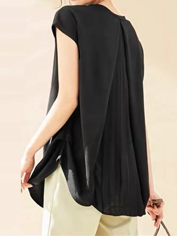 Loose Short Sleeves Back Pleated Solid Color Round-Neck T-Shirts Tops - Image 2