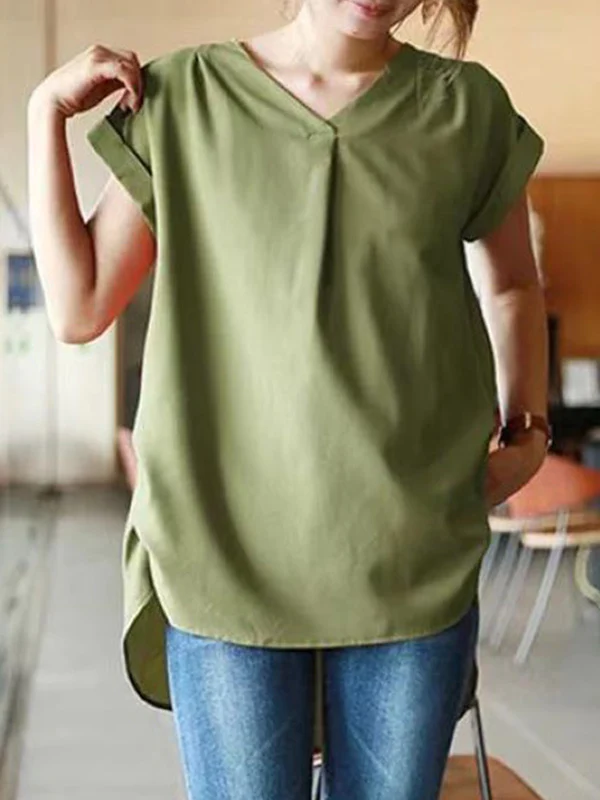 Loose Short Sleeves Back Pleated Solid Color Round-Neck T-Shirts Tops - Image 3