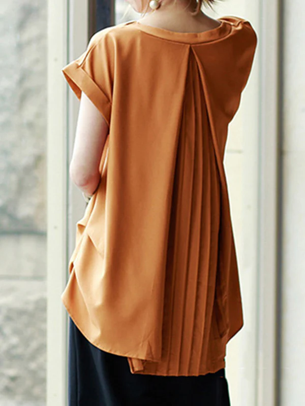 Loose Short Sleeves Back Pleated Solid Color Round-Neck T-Shirts Tops - Image 4