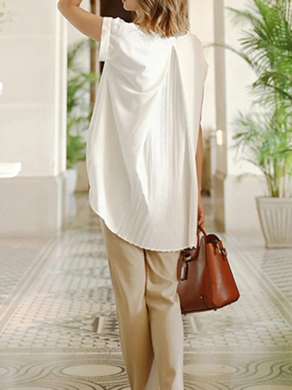 Loose Short Sleeves Back Pleated Solid Color Round-Neck T-Shirts Tops - Image 5