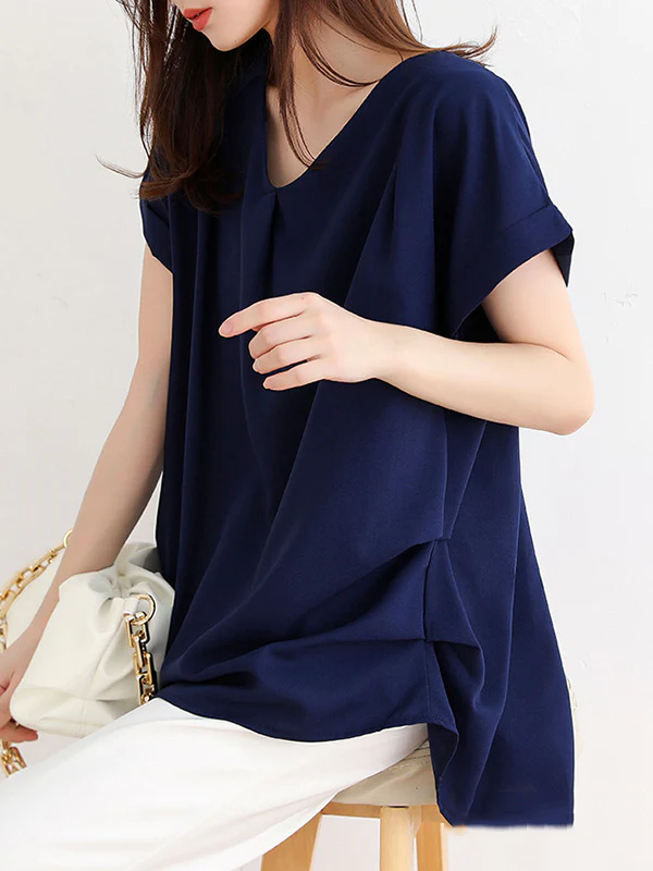 Loose Short Sleeves Back Pleated Solid Color Round-Neck T-Shirts Tops - Image 6