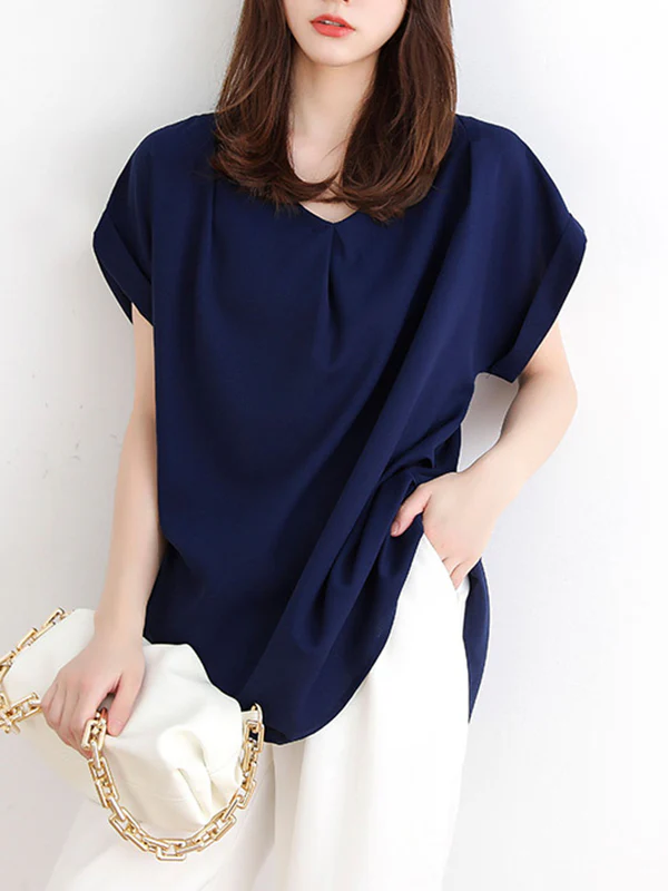 Loose Short Sleeves Back Pleated Solid Color Round-Neck T-Shirts Tops - Image 7
