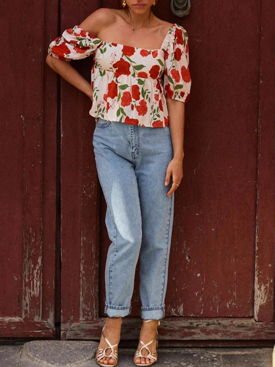 Loose Short Sleeves Backless Bow-Embellished Contrast Color Flower Print Pleated Split-Joint Square-Neck Blouses&Shirts Tops - Image 2