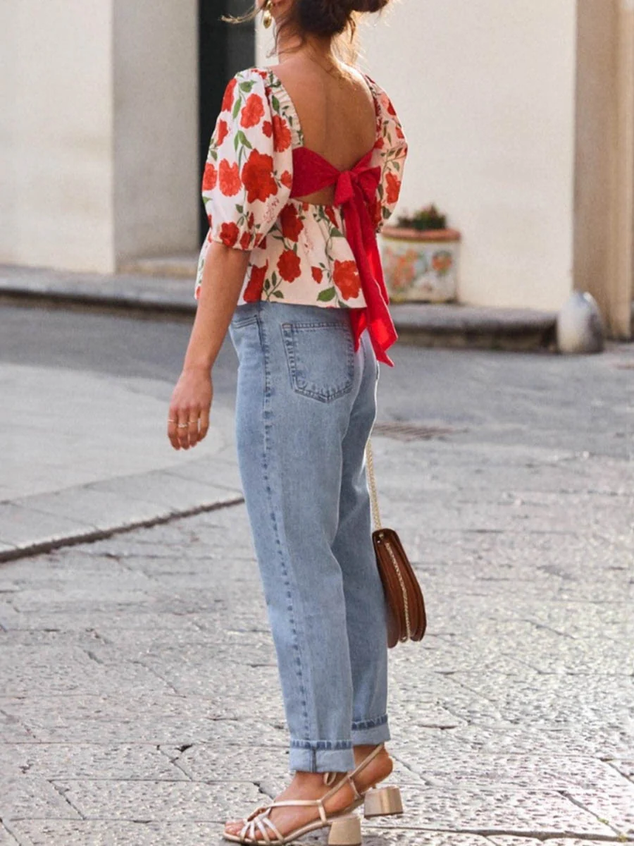 Loose Short Sleeves Backless Bow-Embellished Contrast Color Flower Print Pleated Split-Joint Square-Neck Blouses&Shirts Tops - Image 4