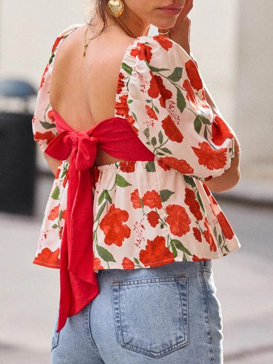 Loose Short Sleeves Backless Bow-Embellished Contrast Color Flower Print Pleated Split-Joint Square-Neck Blouses&Shirts Tops - Image 5