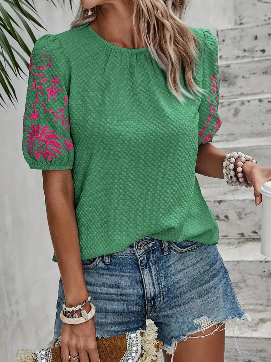 Loose Short Sleeves Bow-Embellished Contrast Color Split-Joint Round-Neck Blouses&Shirts Tops - Image 12