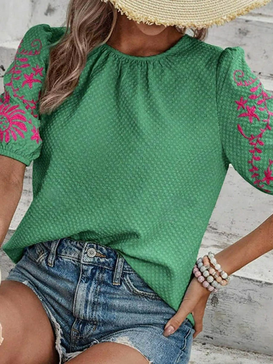 Loose Short Sleeves Bow-Embellished Contrast Color Split-Joint Round-Neck Blouses&Shirts Tops - Image 13