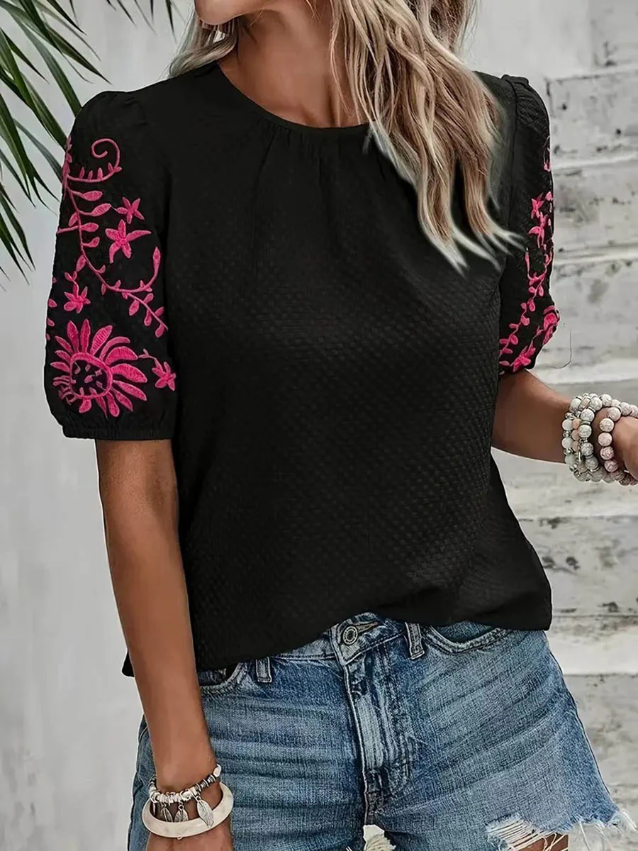 Loose Short Sleeves Bow-Embellished Contrast Color Split-Joint Round-Neck Blouses&Shirts Tops - Image 2