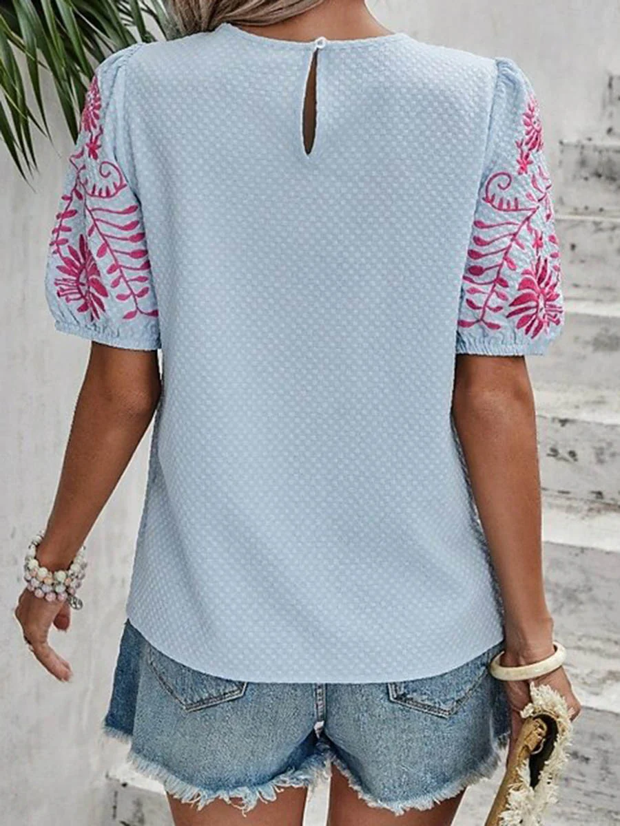 Loose Short Sleeves Bow-Embellished Contrast Color Split-Joint Round-Neck Blouses&Shirts Tops - Image 6